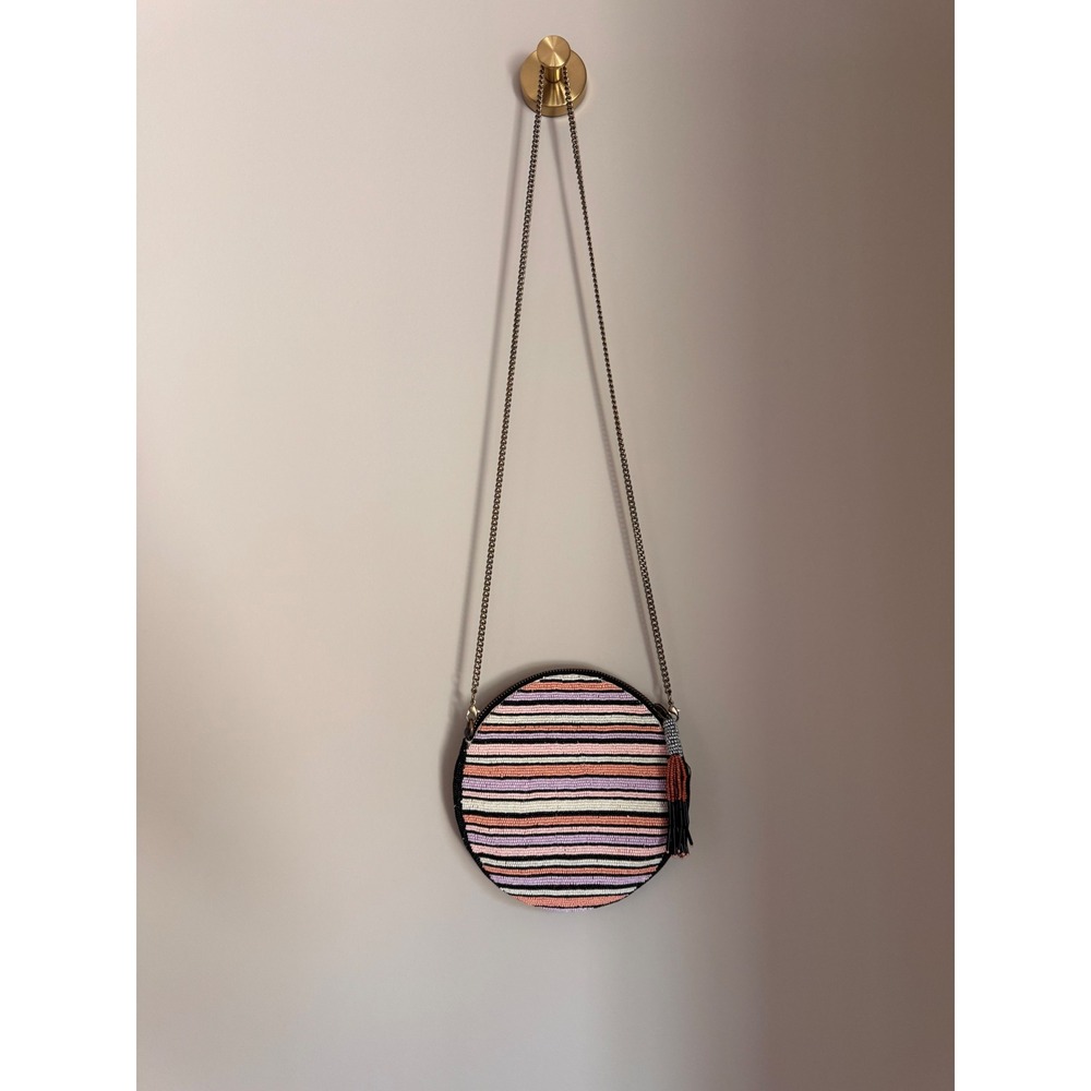 Anthropologie Florence Beaded Round Crossbody Bag Floral Striped Tassel - Picture 3 of 9